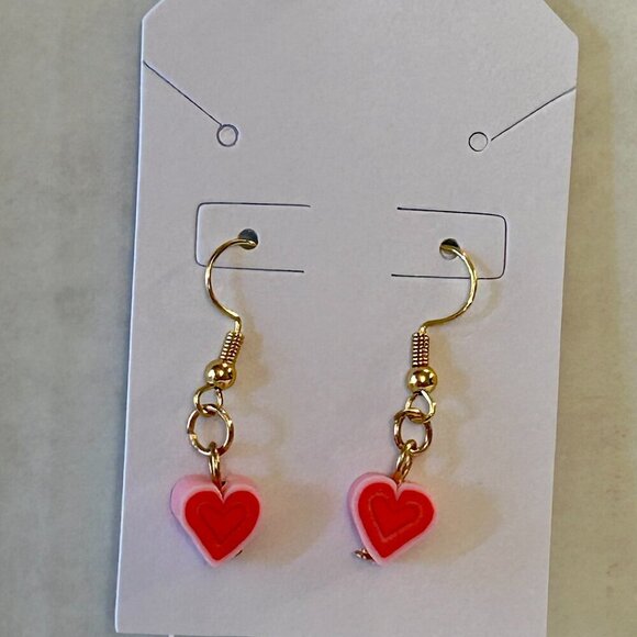 Pink & Red Rubber Heart Earrings with 18k Gold Plated Wires - Picture 2 of 2